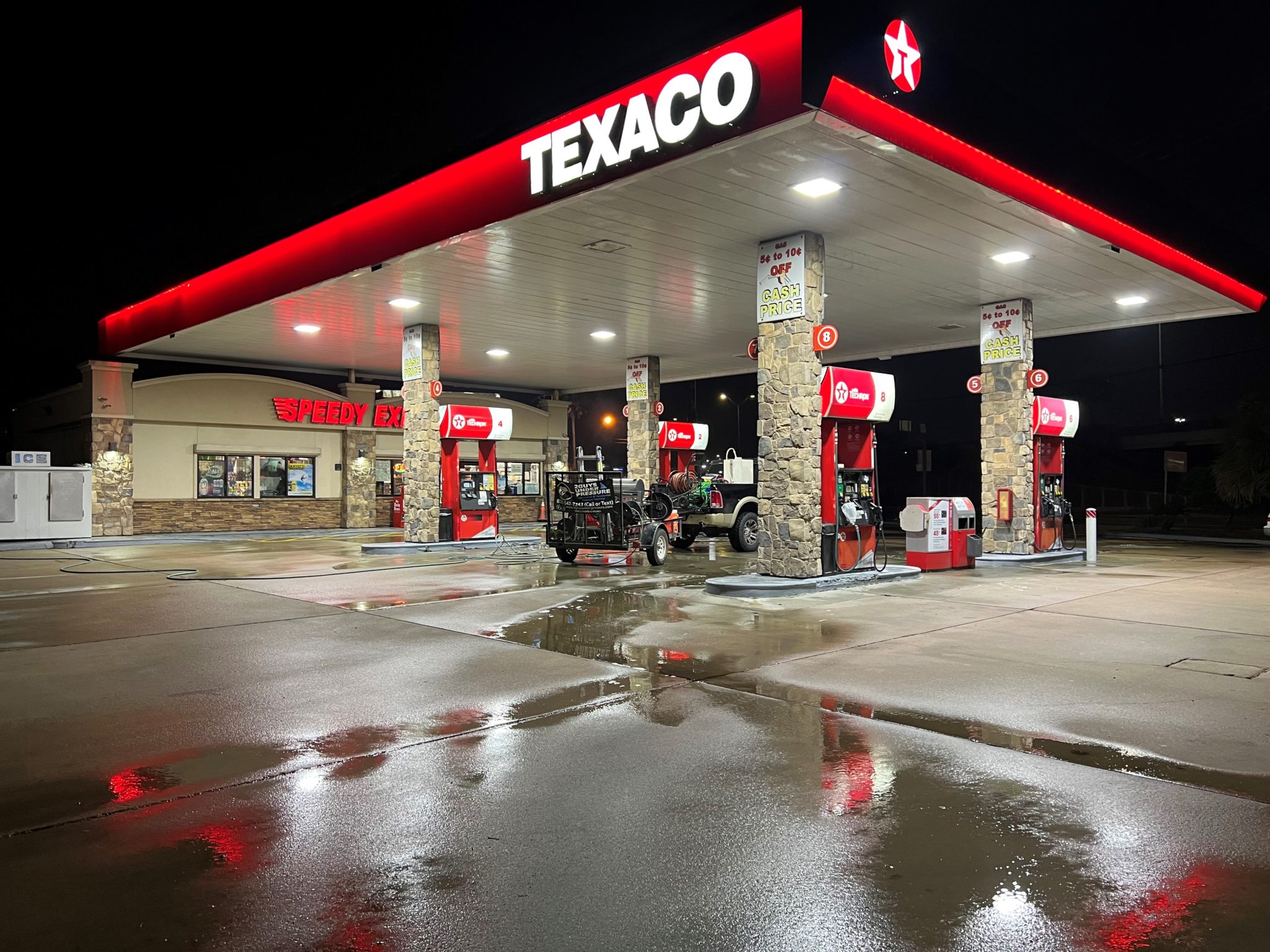 Newly washed and striped Texaco gas station